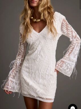 12th Tribe White Embroidered V-Neck Bell Sleeve Mini Dress